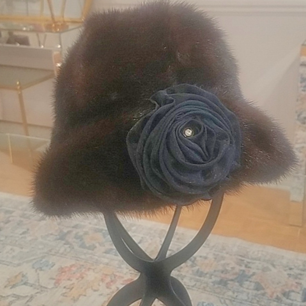 Vintage Mink Fur Fancy Bucket Hat With Flower & Rhinestone